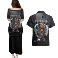 Hip Hop Streetwear Couples Matching Puletasi and Hawaiian Shirt with Graffiti Boombox and Angel Bear Graphic in Urban Bullet Hole Design - Wonder Print Shop
