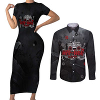 Hip Hop Streetwear Couples Matching Short Sleeve Bodycon Dress and Long Sleeve Button Shirt with Graffiti Boombox and Angel Bear Graphic in Urban Bullet Hole Design - Wonder Print Shop