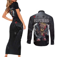 Hip Hop Streetwear Couples Matching Short Sleeve Bodycon Dress and Long Sleeve Button Shirt with Graffiti Boombox and Angel Bear Graphic in Urban Bullet Hole Design - Wonder Print Shop