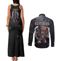 Hip Hop Streetwear Couples Matching Tank Maxi Dress and Long Sleeve Button Shirt with Graffiti Boombox and Angel Bear Graphic in Urban Bullet Hole Design - Wonder Print Shop