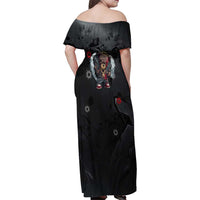 Hip Hop Streetwear Family Matching Off Shoulder Maxi Dress and Hawaiian Shirt with Graffiti Boombox and Angel Bear Graphic in Urban Bullet Hole Design - Wonder Print Shop