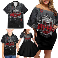Hip Hop Streetwear Family Matching Off Shoulder Short Dress and Hawaiian Shirt with Graffiti Boombox and Angel Bear Graphic in Urban Bullet Hole Design - Wonder Print Shop