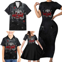 Hip Hop Streetwear Family Matching Short Sleeve Bodycon Dress and Hawaiian Shirt with Graffiti Boombox and Angel Bear Graphic in Urban Bullet Hole Design - Wonder Print Shop