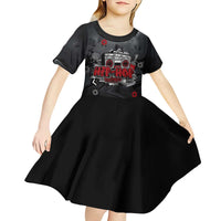 Hip Hop Streetwear Kid Short Sleeve Dress with Graffiti Boombox and Angel Bear Graphic in Urban Bullet Hole Design - Wonder Print Shop