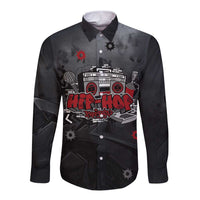 Hip Hop Streetwear Long Sleeve Button Shirt with Graffiti Boombox and Angel Bear Graphic in Urban Bullet Hole Design - Wonder Print Shop