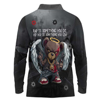 Hip Hop Streetwear Long Sleeve Polo Shirt with Graffiti Boombox and Angel Bear Graphic in Urban Bullet Hole Design - Wonder Print Shop