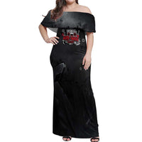 Hip Hop Streetwear Off Shoulder Maxi Dress with Graffiti Boombox and Angel Bear Graphic in Urban Bullet Hole Design - Wonder Print Shop