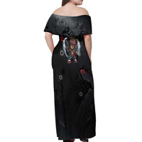 Hip Hop Streetwear Off Shoulder Maxi Dress with Graffiti Boombox and Angel Bear Graphic in Urban Bullet Hole Design - Wonder Print Shop