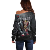 Hip Hop Streetwear Off Shoulder Sweater with Graffiti Boombox and Angel Bear Graphic in Urban Bullet Hole Design - Wonder Print Shop