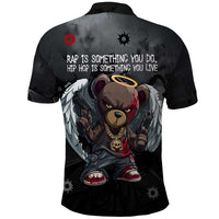 Hip Hop Streetwear Polo Shirt with Graffiti Boombox and Angel Bear Graphic in Urban Bullet Hole Design - Wonder Print Shop