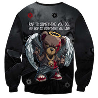 Hip Hop Streetwear Sweatshirt with Graffiti Boombox and Angel Bear Graphic in Urban Bullet Hole Design - Wonder Print Shop