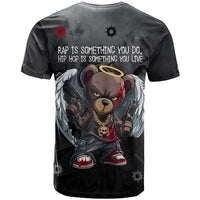 Hip Hop Streetwear T Shirt with Graffiti Boombox and Angel Bear Graphic in Urban Bullet Hole Design - Wonder Print Shop
