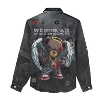 Hip Hop Streetwear Women Casual Shirt with Graffiti Boombox and Angel Bear Graphic in Urban Bullet Hole Design - Wonder Print Shop