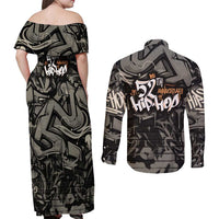 52th Anniversary Of Hiphop Celebration Couples Matching Off Shoulder Maxi Dress and Long Sleeve Button Shirt with Praying Angel Graphic and Urban Graffiti Background - Wonder Print Shop