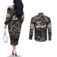 52th Anniversary Of Hiphop Celebration Couples Matching Off The Shoulder Long Sleeve Dress and Long Sleeve Button Shirt with Praying Angel Graphic and Urban Graffiti Background - Wonder Print Shop