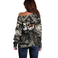 52th Anniversary Of Hiphop Celebration Off Shoulder Sweater with Praying Angel Graphic and Urban Graffiti Background - Wonder Print Shop