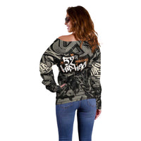52th Anniversary Of Hiphop Celebration Off Shoulder Sweater with Praying Angel Graphic and Urban Graffiti Background - Wonder Print Shop