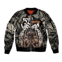 52th Anniversary Of Hiphop Celebration Sleeve Zip Bomber Jacket with Praying Angel Graphic and Urban Graffiti Background - Wonder Print Shop