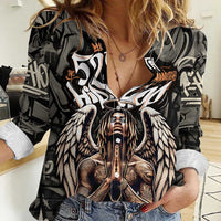 52th Anniversary Of Hiphop Celebration Women Casual Shirt with Praying Angel Graphic and Urban Graffiti Background - Wonder Print Shop