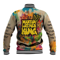 Martin Luther King Graffiti Style Graphic Baseball Jacket with Colorful Spray Paint Quotes and Crown Detail - Wonder Print Shop