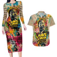 Martin Luther King Graffiti Style Graphic Couples Matching Long Sleeve Bodycon Dress and Hawaiian Shirt with Colorful Spray Paint Quotes and Crown Detail - Wonder Print Shop