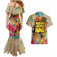Martin Luther King Graffiti Style Graphic Couples Matching Mermaid Dress and Hawaiian Shirt with Colorful Spray Paint Quotes and Crown Detail - Wonder Print Shop
