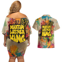 Martin Luther King Graffiti Style Graphic Couples Matching Off Shoulder Short Dress and Hawaiian Shirt with Colorful Spray Paint Quotes and Crown Detail - Wonder Print Shop
