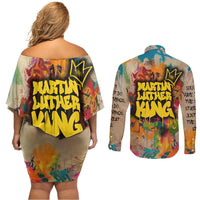 Martin Luther King Graffiti Style Graphic Couples Matching Off Shoulder Short Dress and Long Sleeve Button Shirt with Colorful Spray Paint Quotes and Crown Detail - Wonder Print Shop