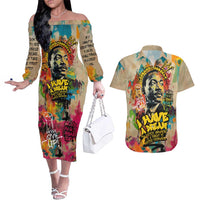 Martin Luther King Graffiti Style Graphic Couples Matching Off The Shoulder Long Sleeve Dress and Hawaiian Shirt with Colorful Spray Paint Quotes and Crown Detail - Wonder Print Shop