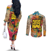 Martin Luther King Graffiti Style Graphic Couples Matching Off The Shoulder Long Sleeve Dress and Long Sleeve Button Shirt with Colorful Spray Paint Quotes and Crown Detail - Wonder Print Shop