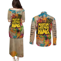 Martin Luther King Graffiti Style Graphic Couples Matching Puletasi and Long Sleeve Button Shirt with Colorful Spray Paint Quotes and Crown Detail - Wonder Print Shop