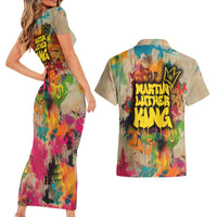 Martin Luther King Graffiti Style Graphic Couples Matching Short Sleeve Bodycon Dress and Hawaiian Shirt with Colorful Spray Paint Quotes and Crown Detail - Wonder Print Shop