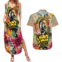 Martin Luther King Graffiti Style Graphic Couples Matching Summer Maxi Dress and Hawaiian Shirt with Colorful Spray Paint Quotes and Crown Detail - Wonder Print Shop