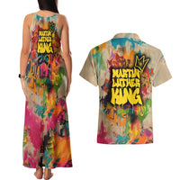Martin Luther King Graffiti Style Graphic Couples Matching Tank Maxi Dress and Hawaiian Shirt with Colorful Spray Paint Quotes and Crown Detail - Wonder Print Shop