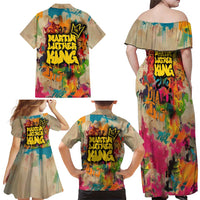 Martin Luther King Graffiti Style Graphic Family Matching Off Shoulder Maxi Dress and Hawaiian Shirt with Colorful Spray Paint Quotes and Crown Detail - Wonder Print Shop