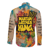 Martin Luther King Graffiti Style Graphic Long Sleeve Button Shirt with Colorful Spray Paint Quotes and Crown Detail - Wonder Print Shop