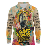 Martin Luther King Graffiti Style Graphic Long Sleeve Polo Shirt with Colorful Spray Paint Quotes and Crown Detail - Wonder Print Shop