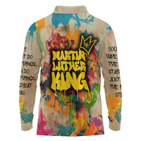 Martin Luther King Graffiti Style Graphic Long Sleeve Polo Shirt with Colorful Spray Paint Quotes and Crown Detail - Wonder Print Shop