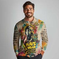 Martin Luther King Graffiti Style Graphic Long Sleeve Polo Shirt with Colorful Spray Paint Quotes and Crown Detail - Wonder Print Shop