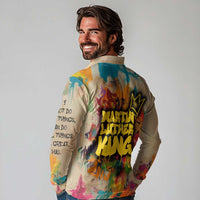 Martin Luther King Graffiti Style Graphic Long Sleeve Polo Shirt with Colorful Spray Paint Quotes and Crown Detail - Wonder Print Shop