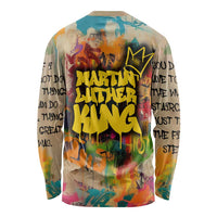 Martin Luther King Graffiti Style Graphic Long Sleeve Shirt with Colorful Spray Paint Quotes and Crown Detail - Wonder Print Shop