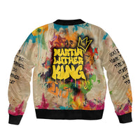 Martin Luther King Graffiti Style Graphic Sleeve Zip Bomber Jacket with Colorful Spray Paint Quotes and Crown Detail - Wonder Print Shop