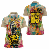 Martin Luther King Graffiti Style Graphic Women Polo Shirt with Colorful Spray Paint Quotes and Crown Detail - Wonder Print Shop