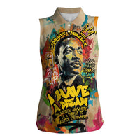 Martin Luther King Graffiti Style Graphic Women Sleeveless Polo Shirt with Colorful Spray Paint Quotes and Crown Detail - Wonder Print Shop