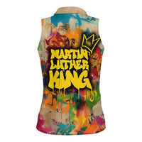 Martin Luther King Graffiti Style Graphic Women Sleeveless Polo Shirt with Colorful Spray Paint Quotes and Crown Detail - Wonder Print Shop