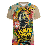 Martin Luther King Graffiti Style Graphic Women V-Neck T-Shirt with Colorful Spray Paint Quotes and Crown Detail - Wonder Print Shop