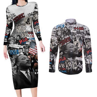 Martin Luther King Day Tribute Couples Matching Long Sleeve Bodycon Dress and Long Sleeve Button Shirt Civil Rights Collage and Classic American Street Graffiti Colors - Wonder Print Shop