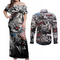 Martin Luther King Day Tribute Couples Matching Off Shoulder Maxi Dress and Long Sleeve Button Shirt Civil Rights Collage and Classic American Street Graffiti Colors - Wonder Print Shop