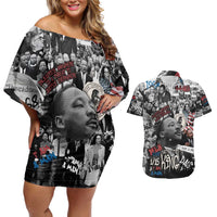 Martin Luther King Day Tribute Couples Matching Off Shoulder Short Dress and Hawaiian Shirt Civil Rights Collage and Classic American Street Graffiti Colors - Wonder Print Shop
