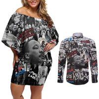 Martin Luther King Day Tribute Couples Matching Off Shoulder Short Dress and Long Sleeve Button Shirt Civil Rights Collage and Classic American Street Graffiti Colors - Wonder Print Shop